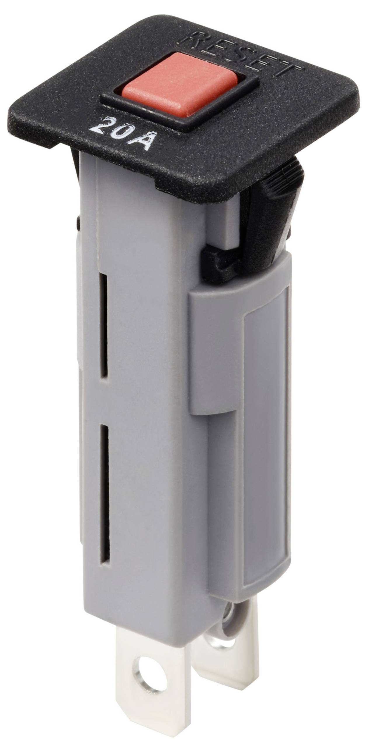 Pionowy uchwyt bezpiecznika Grauer 20A z czerwonym przyciskiem.
