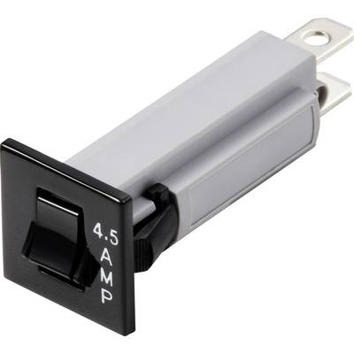 Czarny przełącznik kołyskowy z napisem '4.5 AMP', zamontowany na szarym prostokątnym gnieździe elektrycznym.