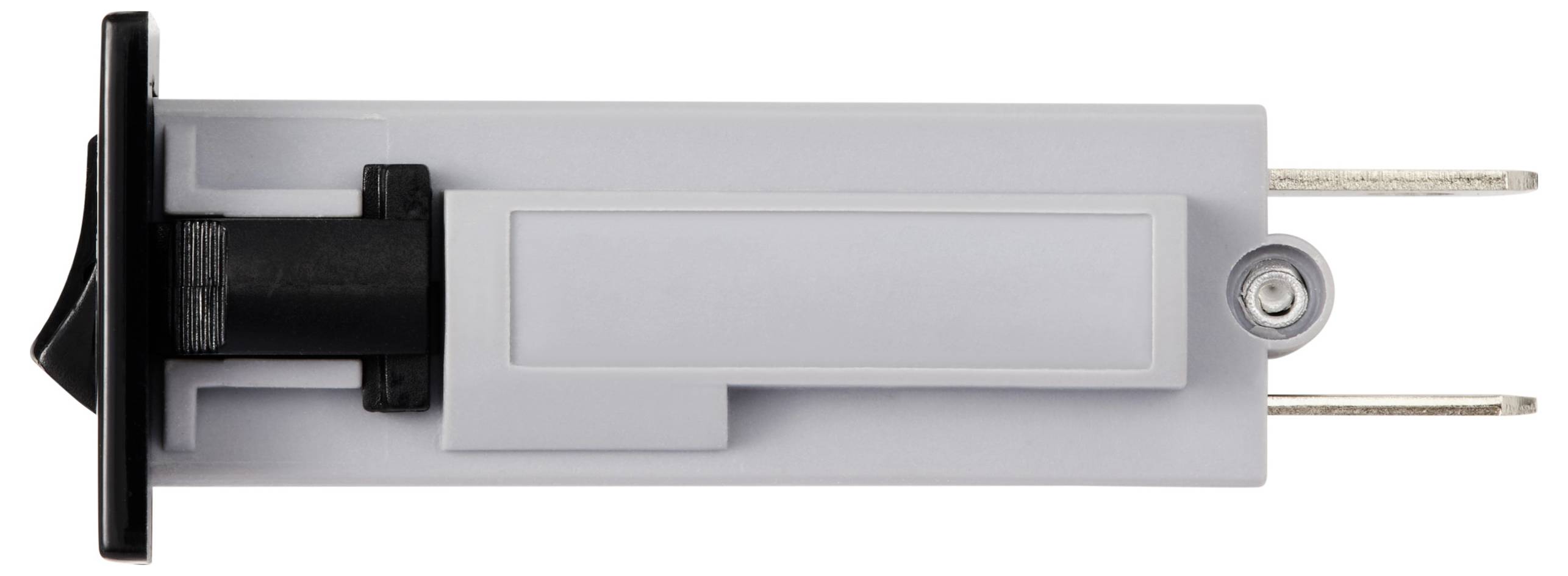 Szare urządzenie z tworzywa sztucznego z czarnym przełącznikiem i dwoma metalowymi stykami, prawdopodobnie element elektroniczny.