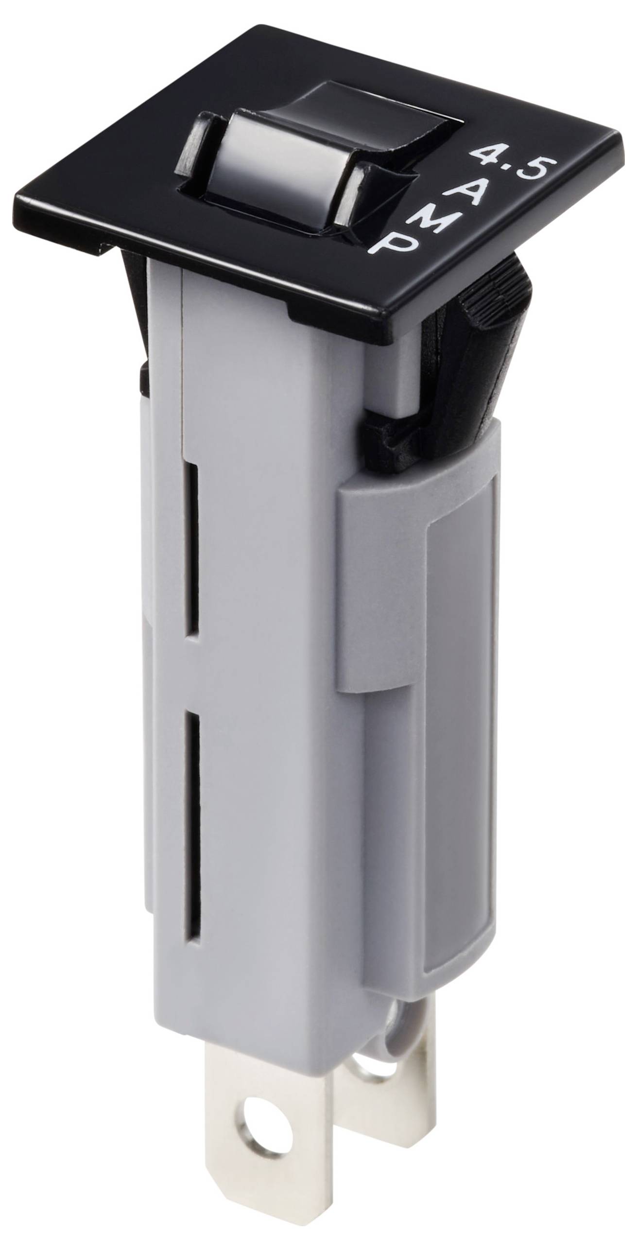 Szary wyłącznik automatyczny z czarnym przyciskiem, oznaczony napisem '4.5 AMP'. Stosowany do zabezpieczania obwodów elektrycznych.