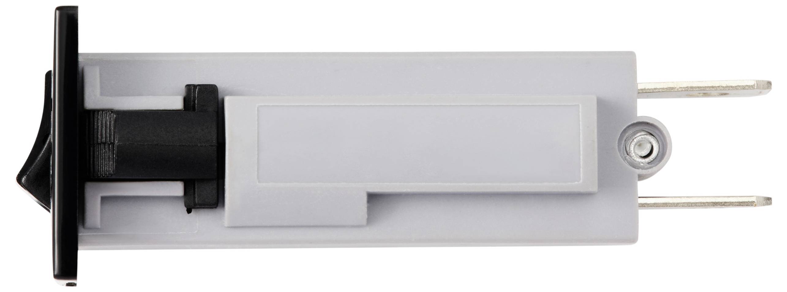 'Elektryczny wtyk bezpiecznikowy z szarą obudową i czarną rączką, widok z boku, pokazujący dwa metalowe styki i otwór mocujący.'