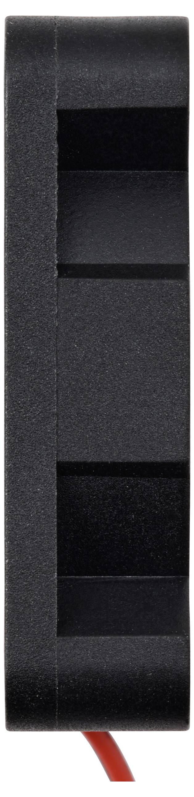 Czarny, kwadratowy, pozbawiony ramki blok z czerwonym przewodem po spodniej stronie, prawdopodobnie element elektroniczny.