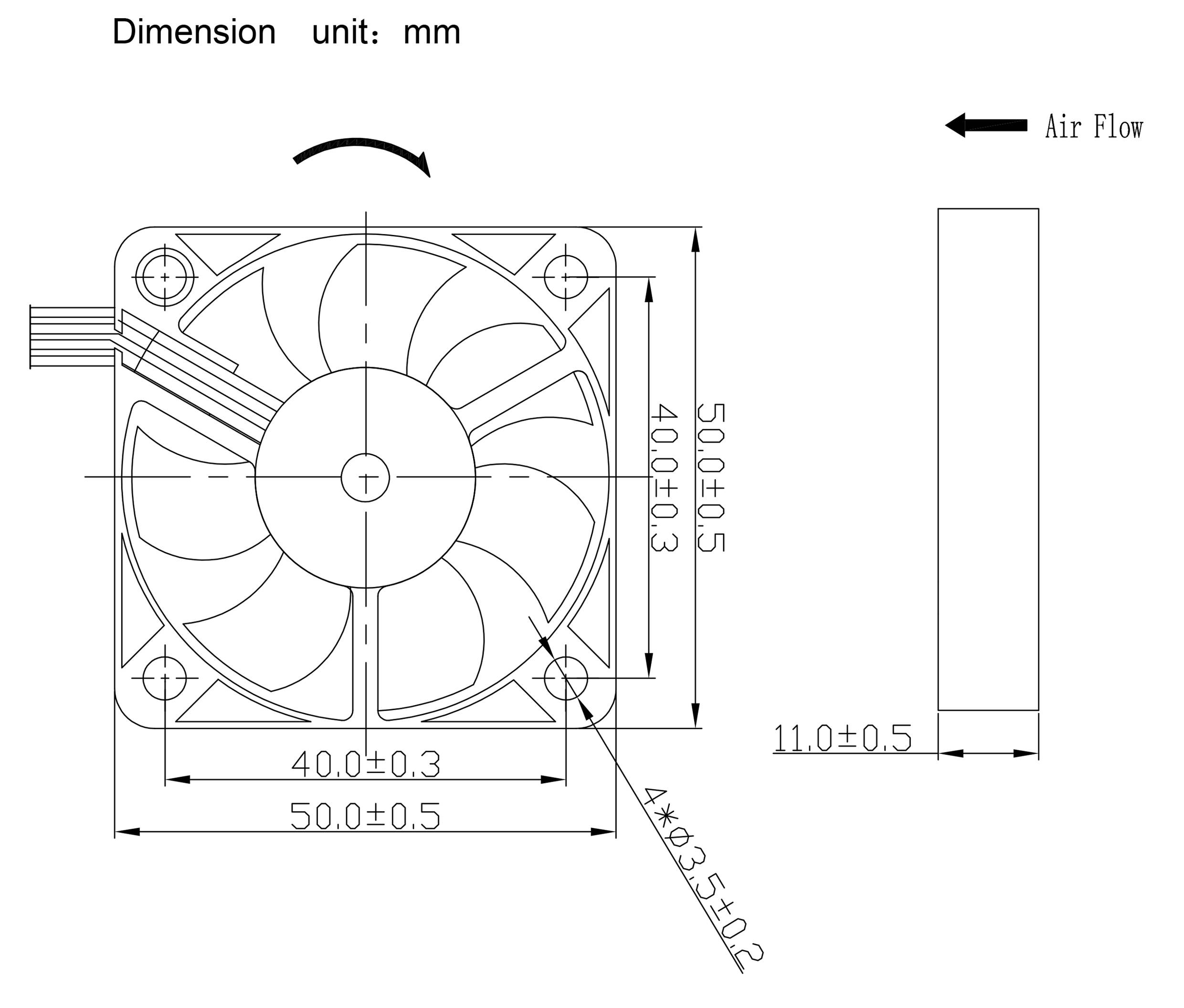 Rysunek wentylatora z wymiarami: 50x50x11 mm. Podano szczegóły montażu i kierunku przepływu powietrza. Jednostka: mm.