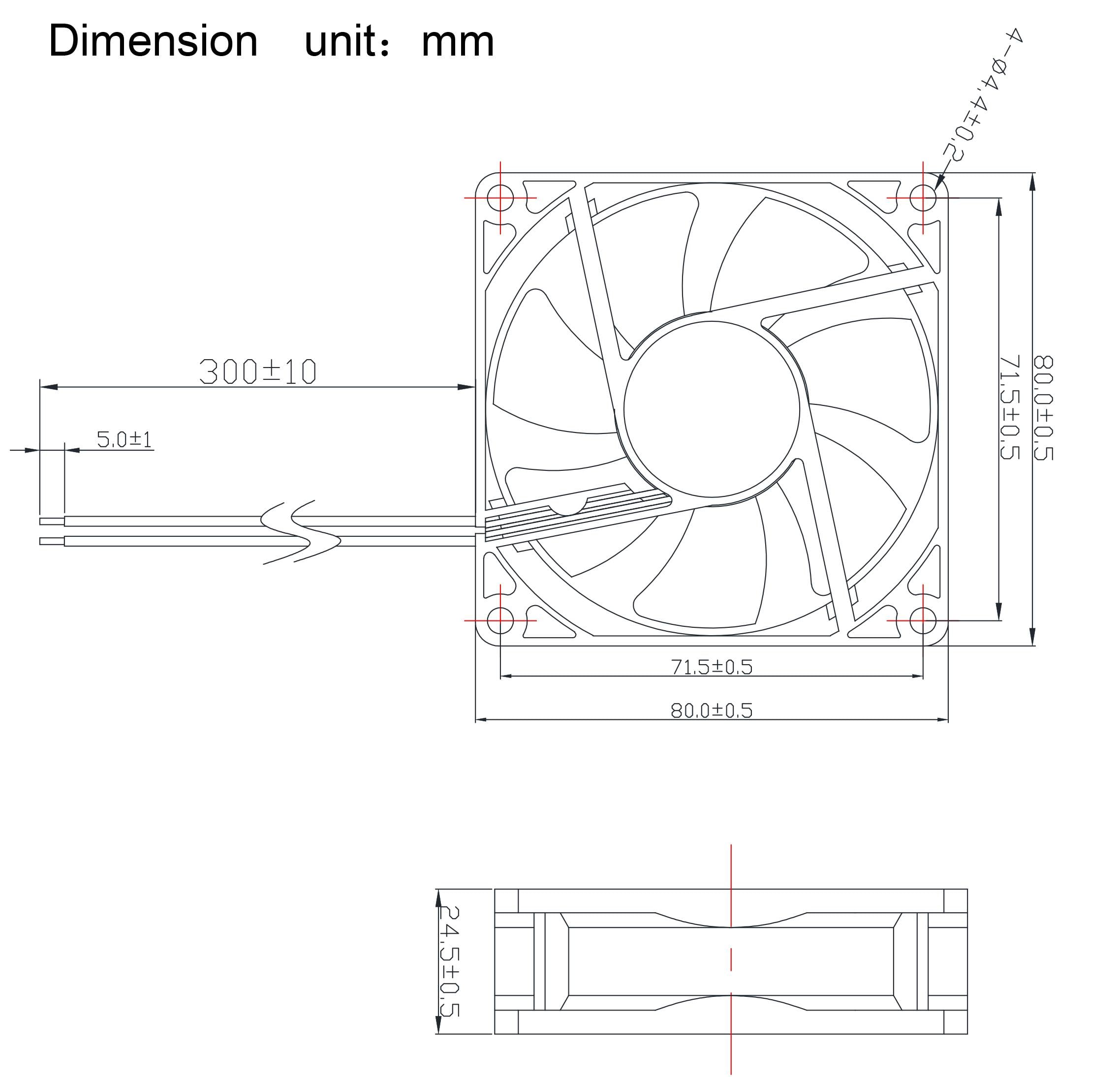 Rysunek techniczny wentylatora kwadratowego o wymiarach 80 x 80 mm i głębokości 25 mm, z podanymi wymiarami w milimetrach.