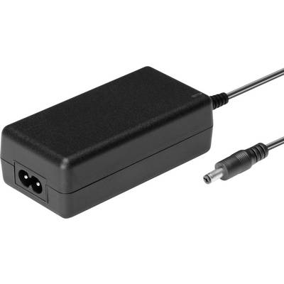 Czarny zasilacz z przewodem i wtyczką, odpowiedni do urządzeń elektronicznych. Prezentuje standardowe złącza zasilania.