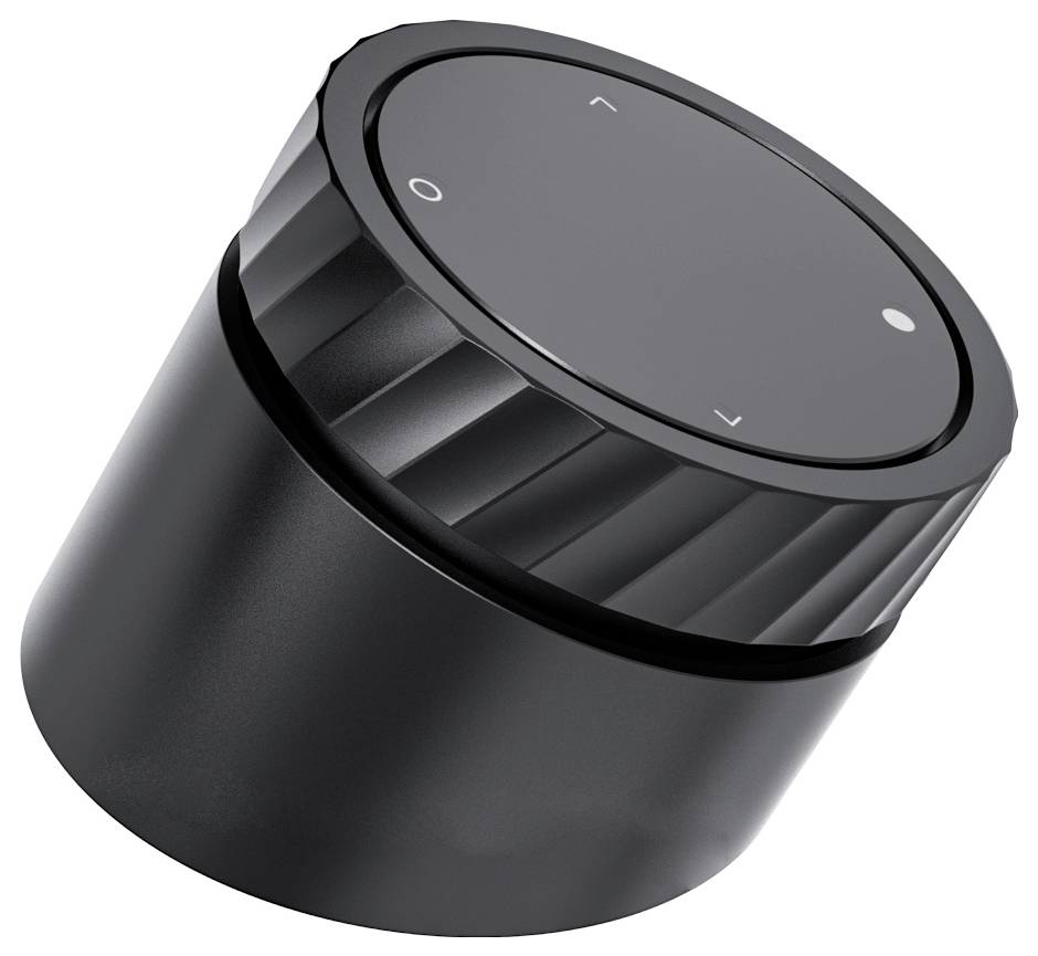 Czarny regulator głośności z białymi oznaczeniami, w stylu pokrętła, wskazujący pozycję i kierunek.