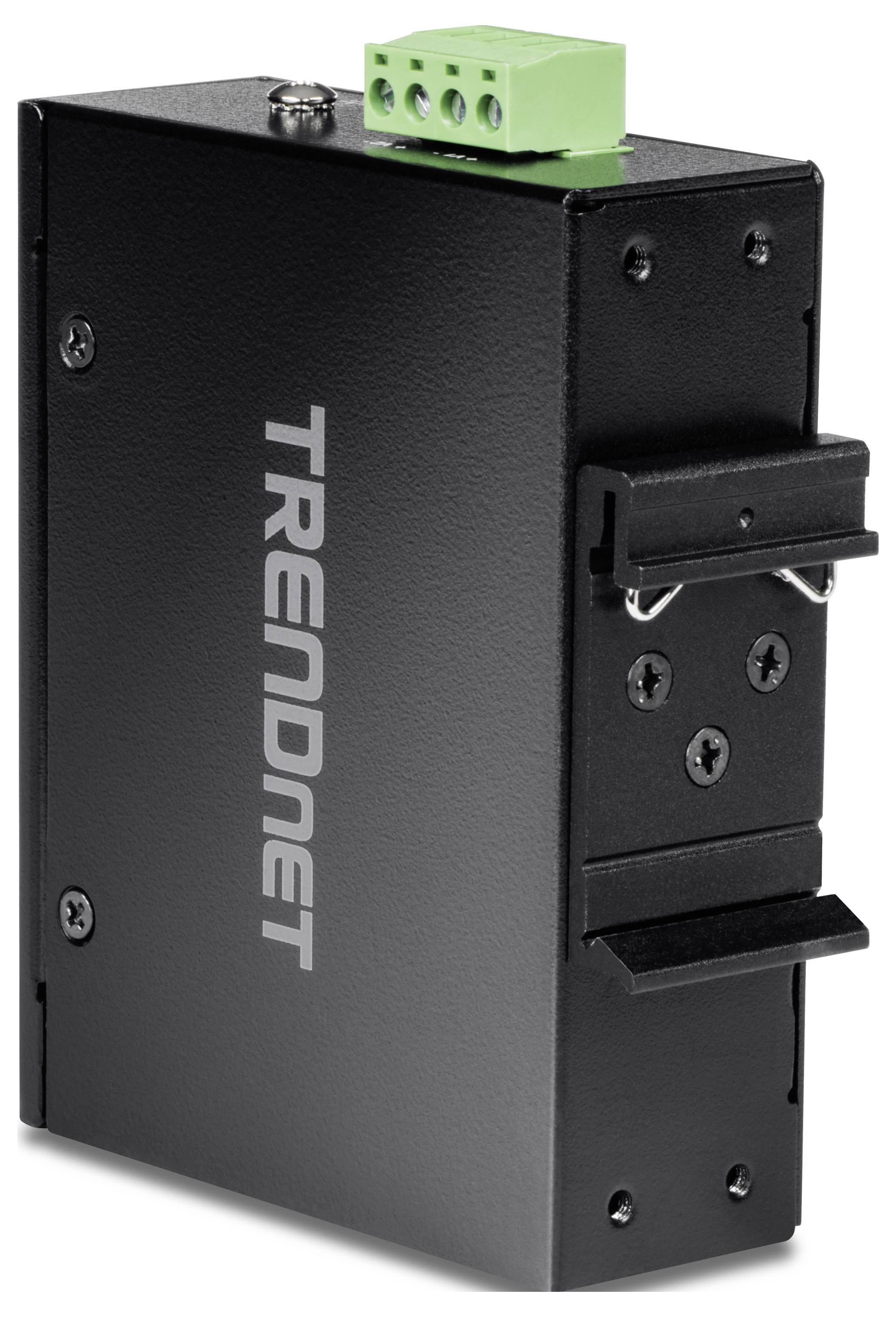 Czarny, pionowy switch sieciowy z zielonym blokiem portów u góry. Marka 'TRENDnet' widoczna z boku. Widoczne śruby mocujące.