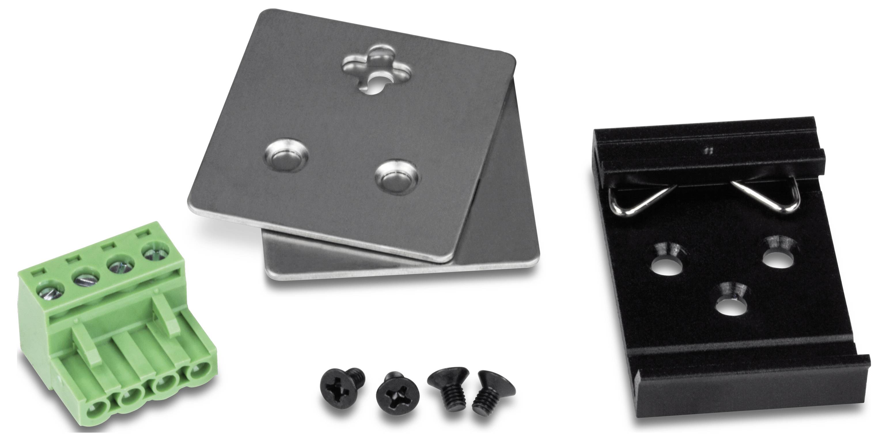 Zielony blok przyłączeniowy, dwie metalowe płytki, czarna podstawa i sześć czarnych śrub na białym tle.