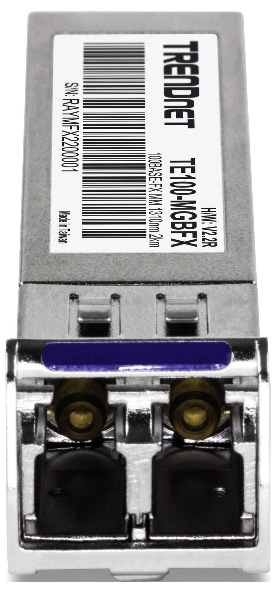 Moduł sieciowy TRENDnet, model TE100-MGBFX, przeznaczony do połączeń światłowodowych, wyposażony w dwa porty do podłączenia okablowania sieciowego.