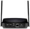 Czarny router Wi-Fi z dwiema antenami, wieloma portami (zasilanie, USB, Ethernet, HDMI) oraz przyciskiem włączania/wyłączania.