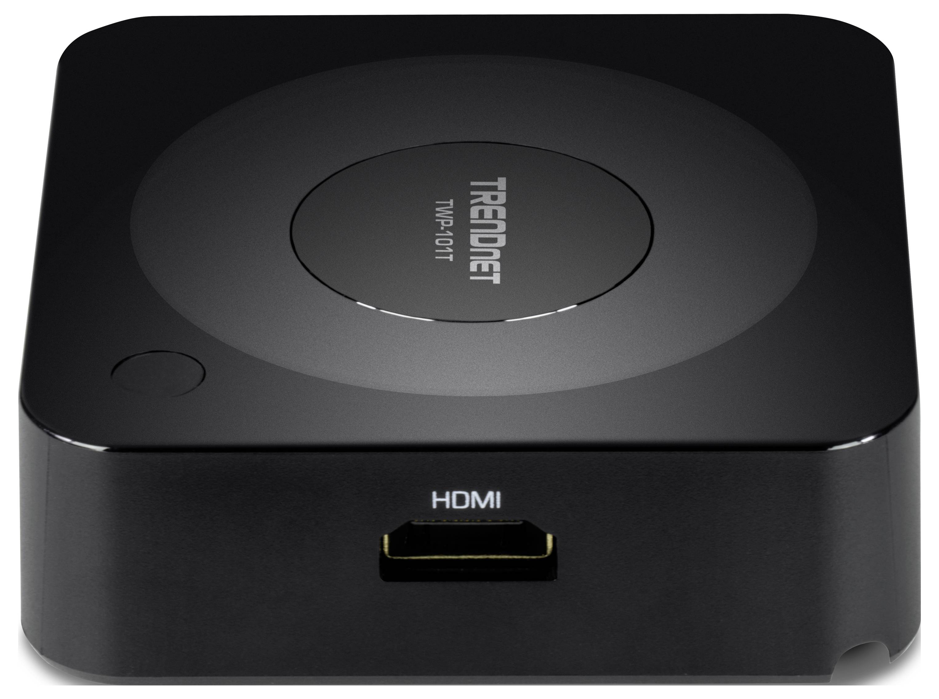 Czarne urządzenie elektroniczne z gniazdem HDMI z przodu, z nazwą marki 'TRENDnet' na górze, prawdopodobnie bezprzewodowy adapter wyświetlacza.