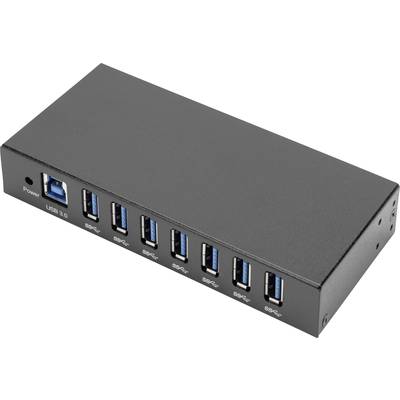 Czarny hub USB 3.0 z ośmioma portami. Po lewej stronie znajduje się wejście, obok niego wyjścia ustawione w rzędzie.