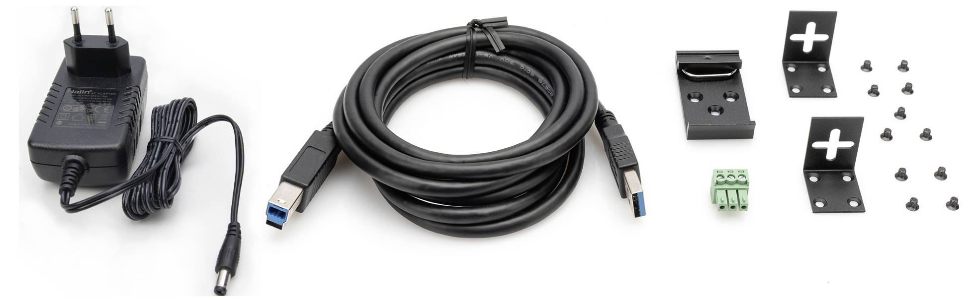 Zawartość: Adapter sieciowy, kabel USB, uchwyty montażowe, zestaw śrub. Zastosowanie: elektronika, połączenie, mocowanie.
