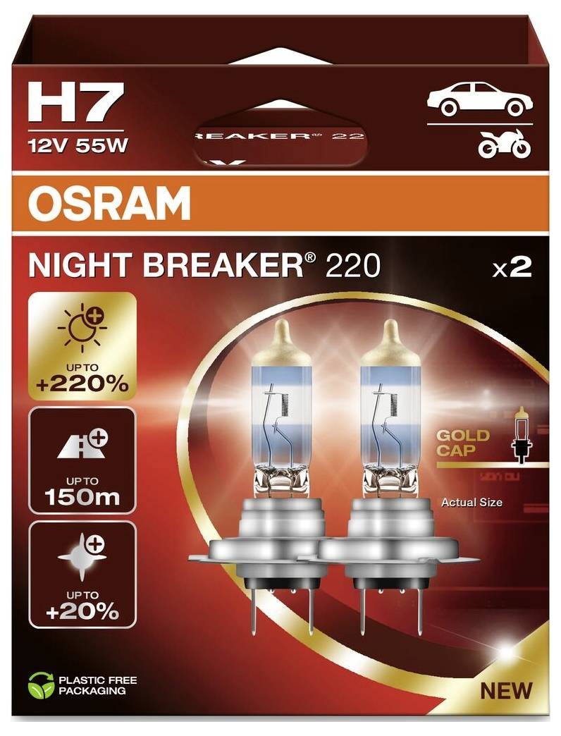 Opakowanie Osram H7 Night Breaker 220 Żarówki samochodowe, 12V, 55W. Poprawiona widoczność do 150 m, +220% jasności, opakowanie wolne od plastiku.