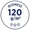 Okrągłe logo z napisem 'Business 120 g/m²' i trzema gwiazdkami umieszczonymi poniżej, wszystko umieszczone w kole.