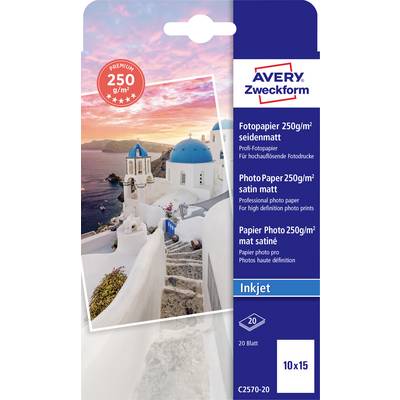 'Opakowanie na papier fotograficzny Avery Zweckform, 250 g/m² satynowy, 10x15 cm, 20 arkuszy do drukarek atramentowych. Zdjęcie przedstawia widok Santoryn.'