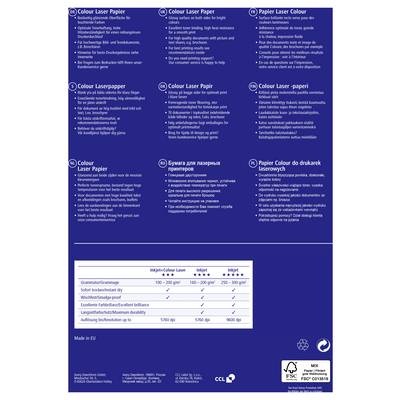Papier do drukarek laserowych w kolorze, opisany w różnych językach, z tabelą przedstawiającą gramatury i białość od 100 do 200 g/m². Logo FSC w prawym dolnym rogu.