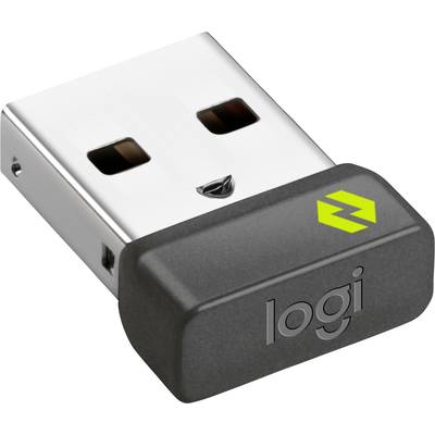 Bezprzewodowy odbiornik USB firmy Logitech z logo, prostokątny, w kolorach czarnym i srebrnym, przeznaczony do bezprzewodowego podłączania urządzeń peryferyjnych.