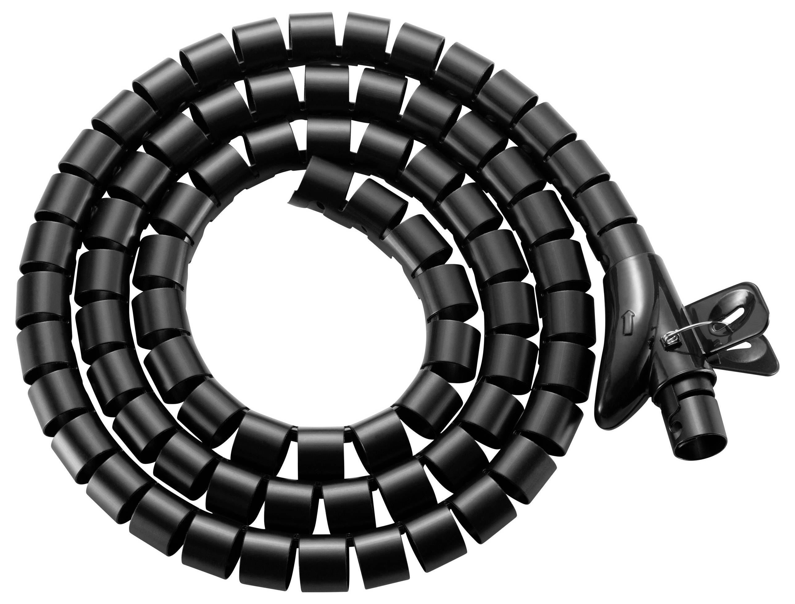 Czarny karbowany przewód ochronny w formie spiralnej, zwinięty na białym tle. Stosowany do wiązania i zabezpieczania przewodów.