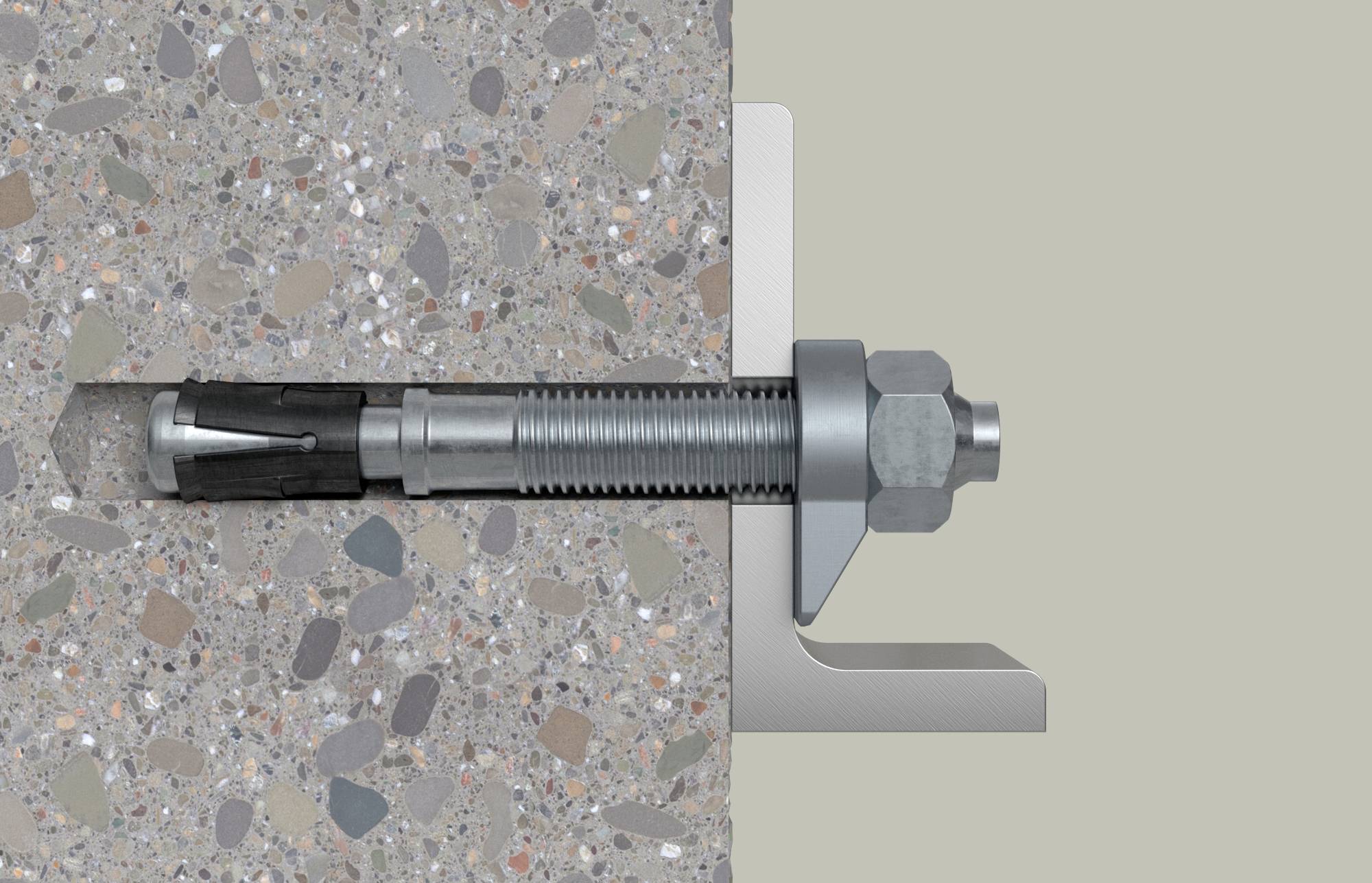 Kołek rozporowy w ścianie betonowej zamocowany za pomocą metalowego kątownika. Przedstawia prawidłowy sposób mocowania ciężkich obciążeń.