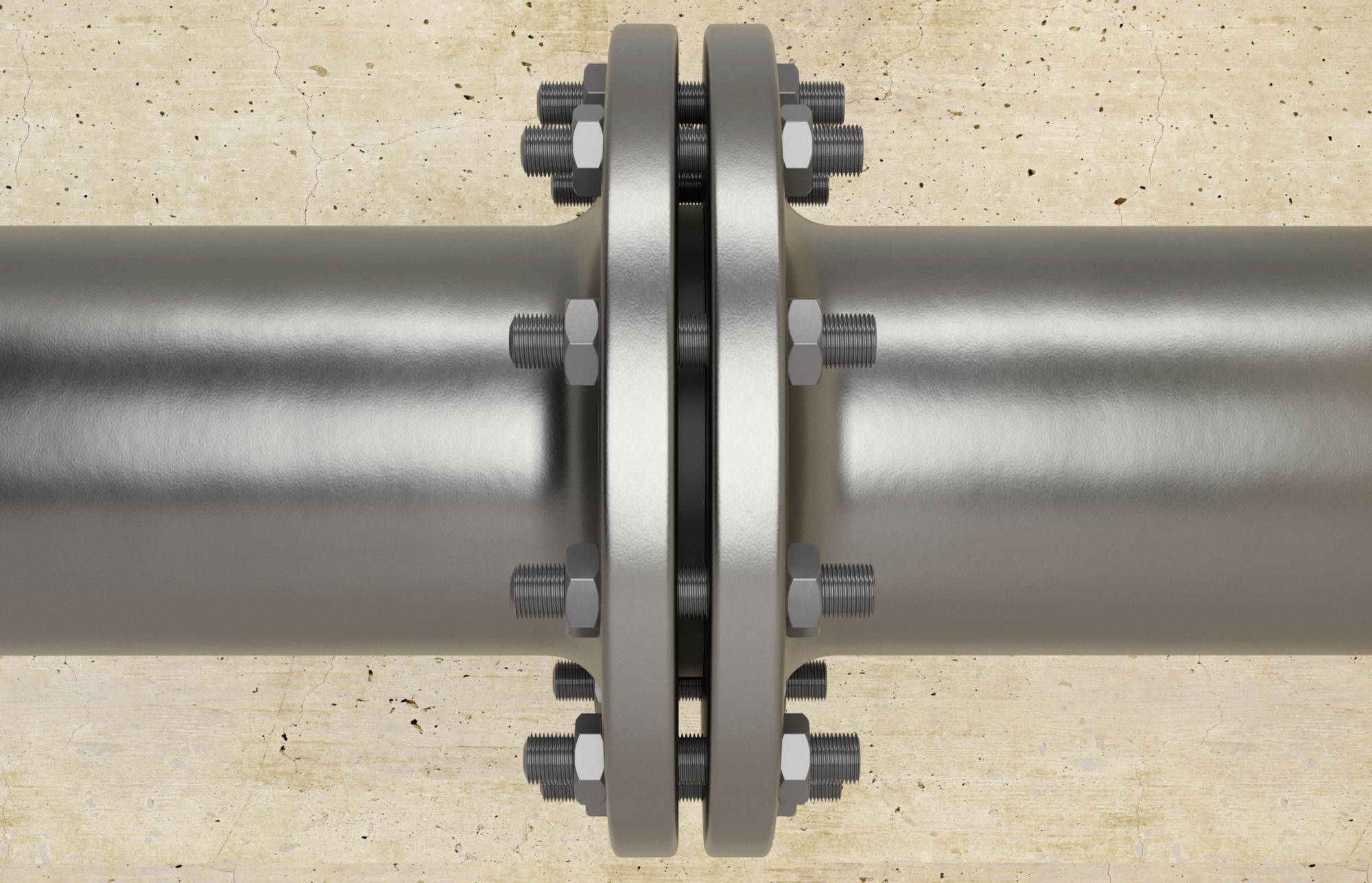 Połączony segment rury z kołnierzem i śrubami na beżowym tle.