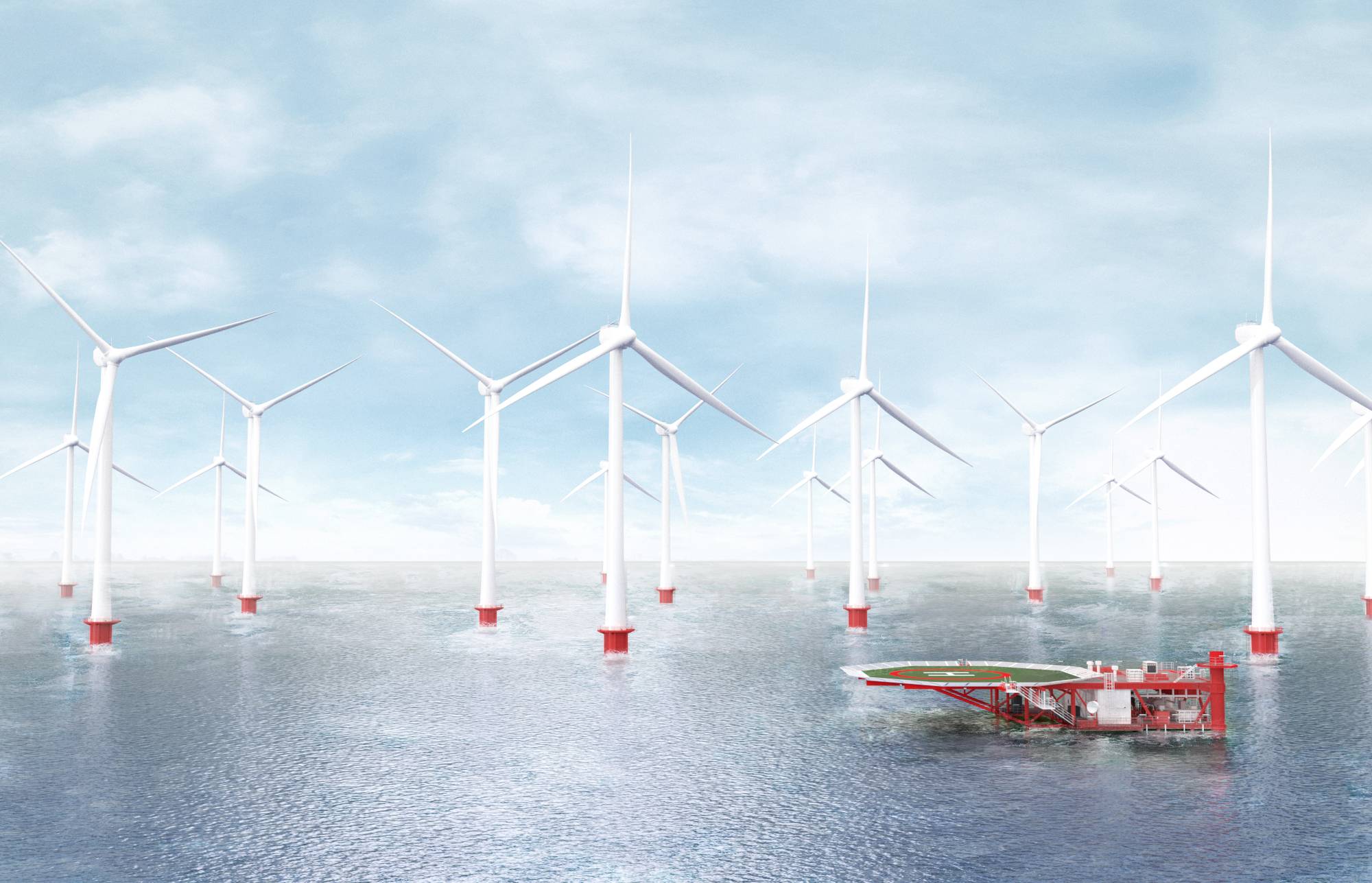 Farma wiatrowa na morzu z wieloma turbinami wiatrowymi i platformą offshore na pierwszym planie pod pochmurnym niebem.