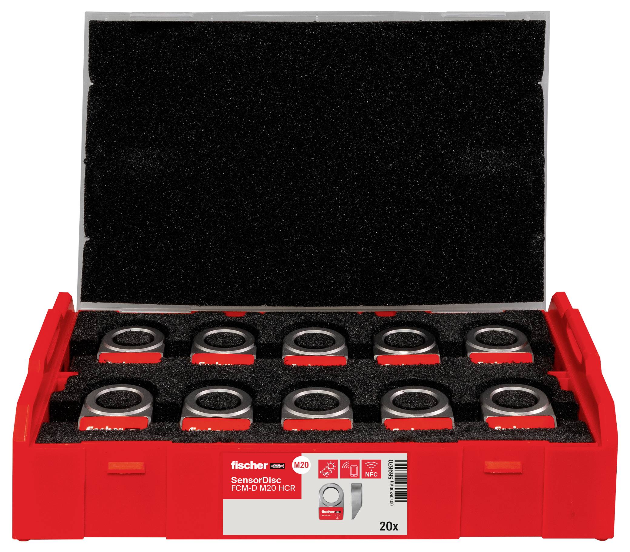 Czerwone pudełko z tworzywa sztucznego zawiera dziesięć czujników, ułożonych w dwóch rzędach. Na etykiecie widnieją napisy 'Sensordisc', 'FCM-D M20 HCR' oraz '20x'.