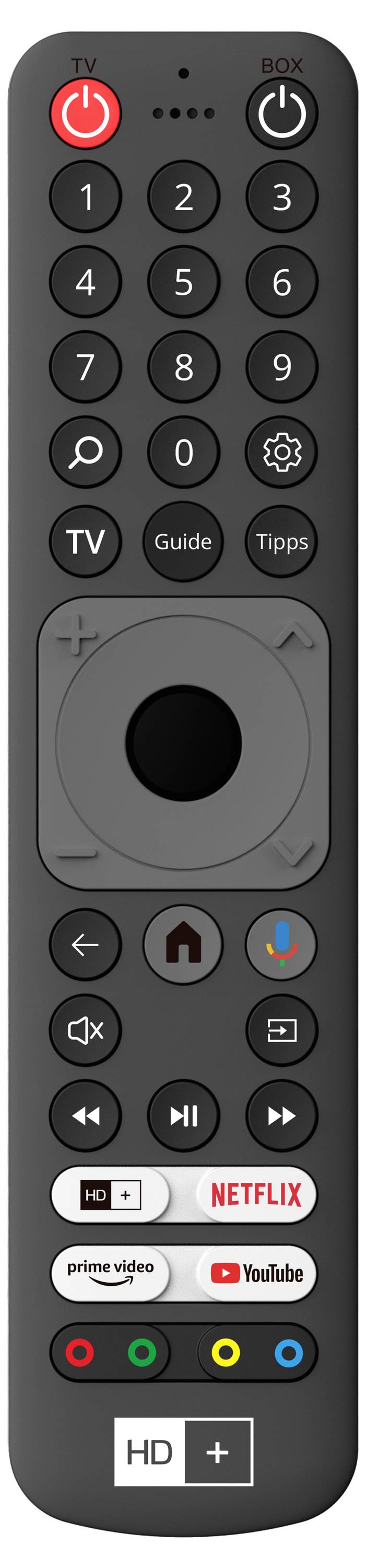 Czarna pilot do telewizora z przyciskami numerycznymi, regulacji głośności, zmiany kanałów, aplikacji takich jak 'Netflix', 'Prime Video', 'YouTube' oraz nawigacji.