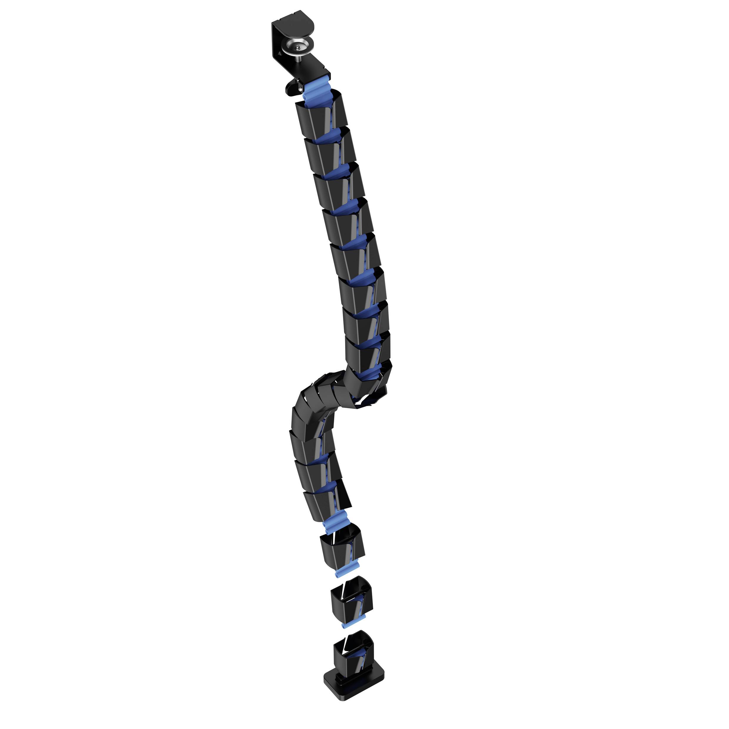 Zdjęcie przedstawia elastyczny, segmentowany łańcuch kablowy w kolorach czarnym i niebieskim, przeznaczony do prowadzenia przewodów w maszynach lub zastosowaniach przemysłowych.