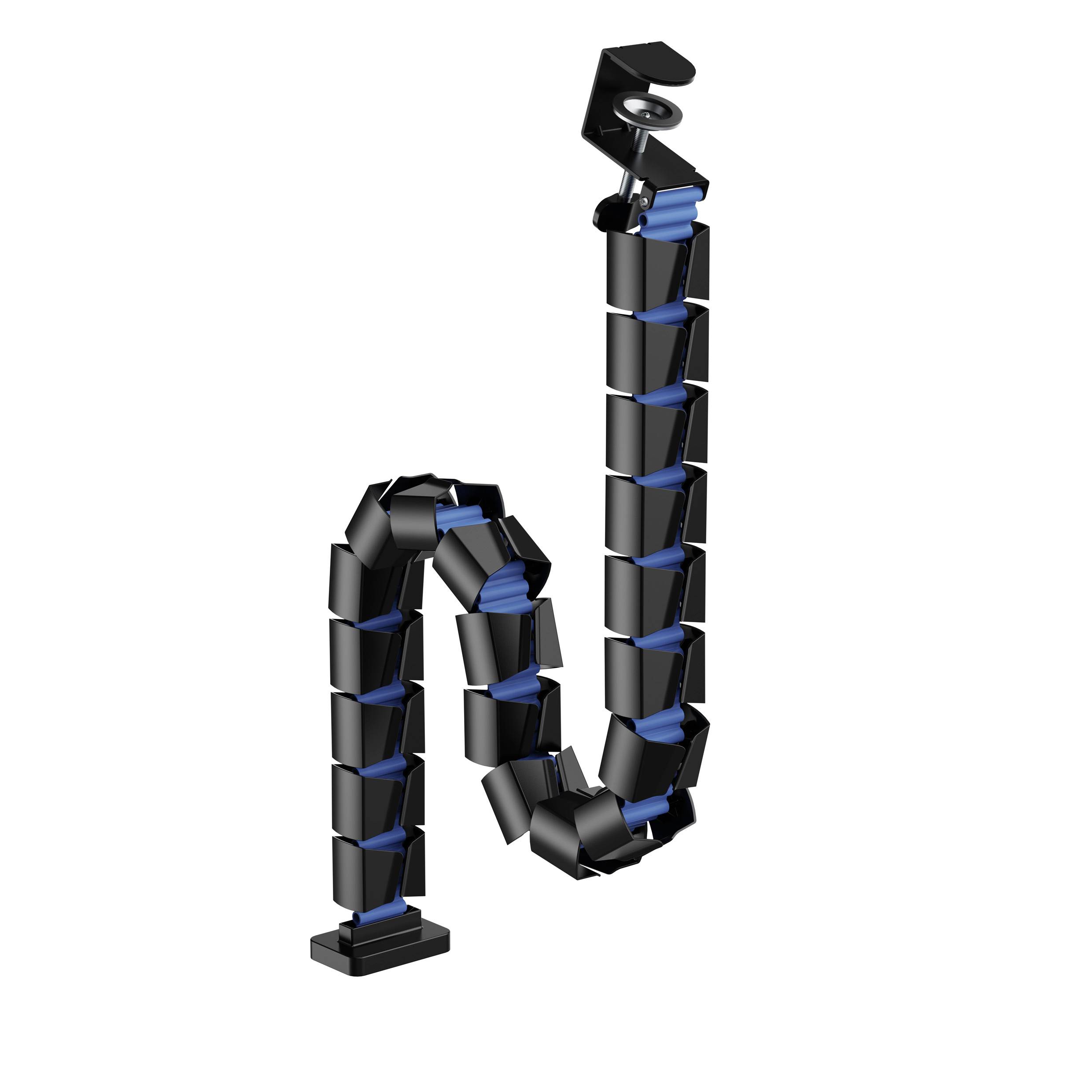 Elastyczny kanał kablowy w kształcie litery L z czarnymi segmentami i niebieskimi złączkami, idealny do schludnego ukrycia przewodów.