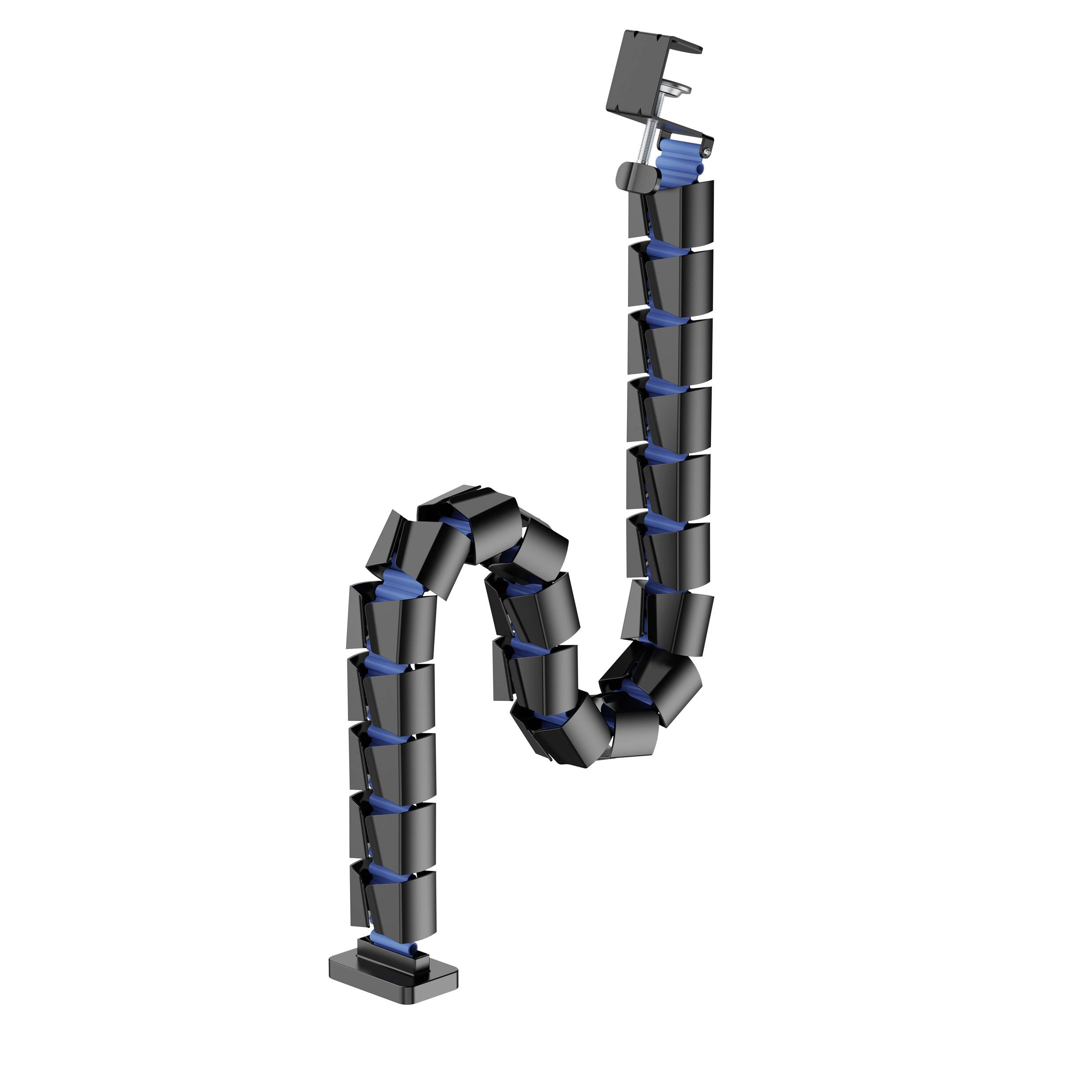 Elastyczny kanał do zarządzania kablami w kolorze czarnym z niebieskimi elementami, prezentujący zakrzywienie w kształcie litery S. Idealny do organizacji przewodów.