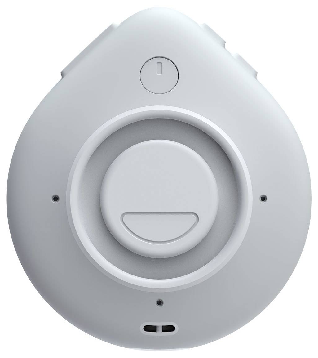 Okrągłe urządzenie elektroniczne w kształcie kropli z centralnym pokrętłem i włącznikiem/wyłącznikiem na górze.