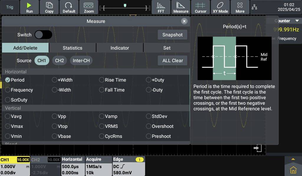 Pomiar oscyloskopowy pokazuje ustawienia sygnału oraz parametry, takie jak czas trwania okresu i częstotliwość. Diagram wyjaśnia cykl pomiarowy.