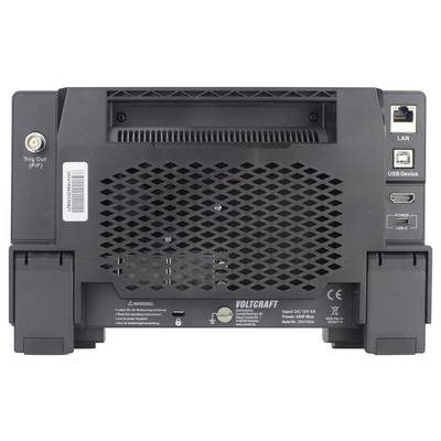 Widok z tyłu urządzenia Voltcraft z portami LAN, USB, kratką wentylacyjną oraz ostrzeżeniami.