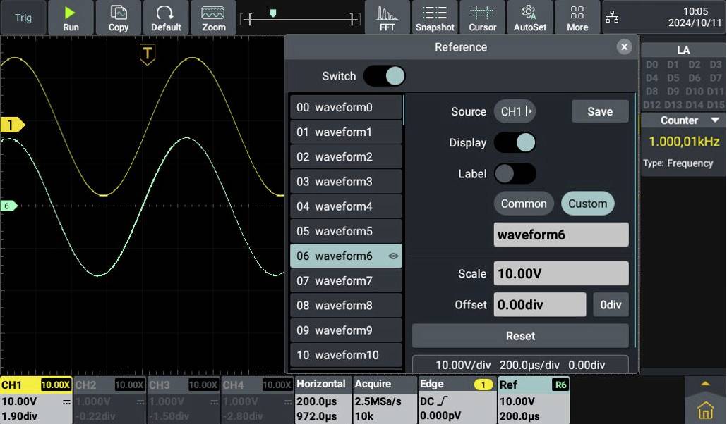 Ekran oscyloskopu wyświetla dwie krzywe. Zielona i żółta linia przebiegają przez ekran. Szczegóły dotyczące częstotliwości i napięcia po prawej stronie.