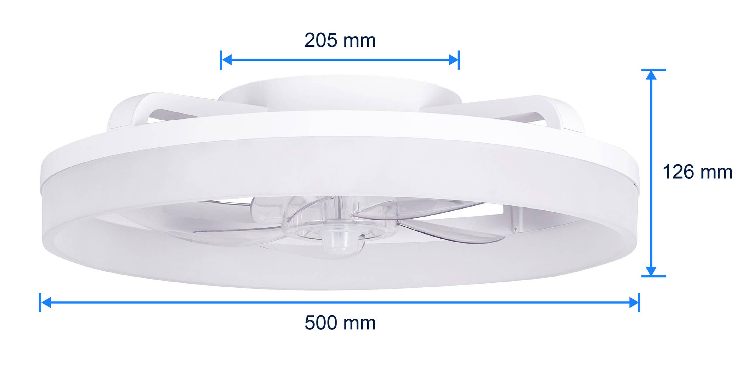 Lampa sufitowa LED z wentylatorem, wymiary: średnica 500 mm, wysokość 126 mm, średnica wentylatora 205 mm.