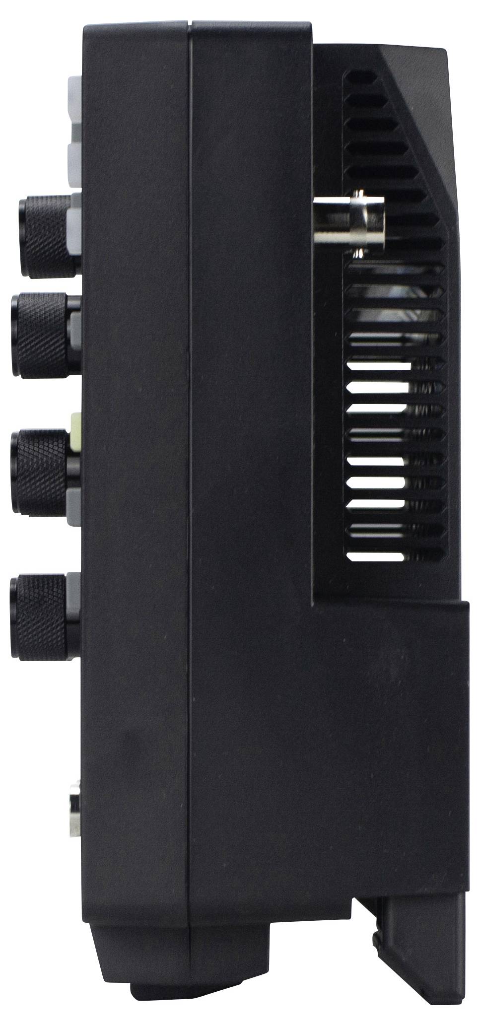 Urządzenie elektroniczne widziane z boku, z kilkoma pokrętłami i otworami wentylacyjnymi.