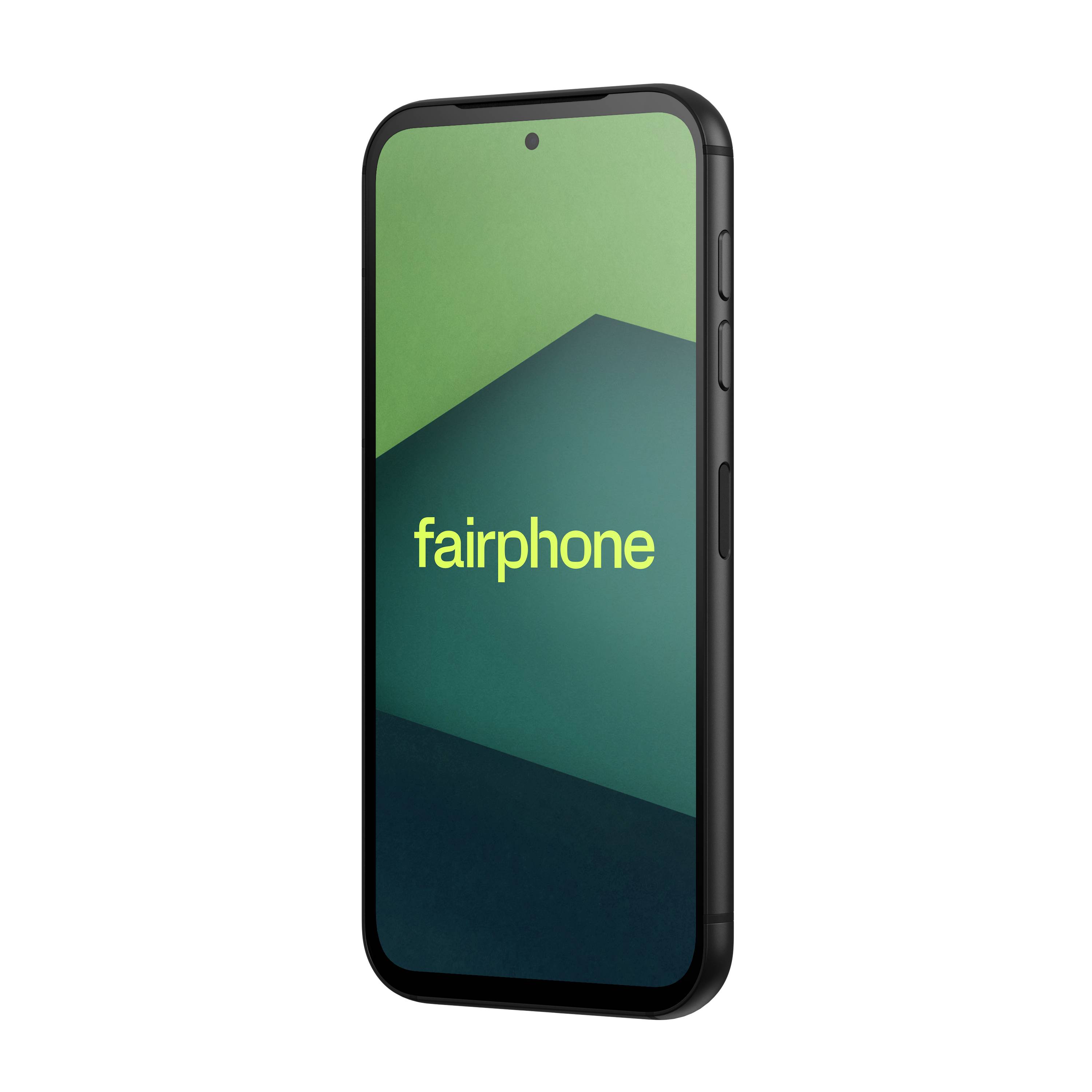 Smartfon z czarną ramką i zielonym ekranem, wyświetlający słowo 'fairphone' żółtymi literami, lekko pochylony w prawo.