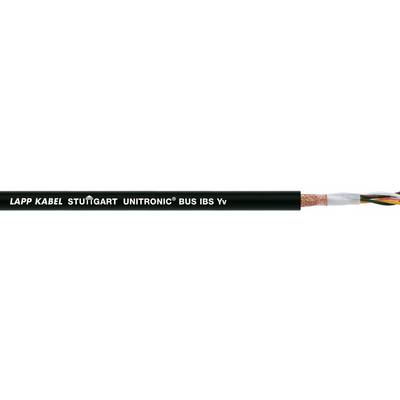 Czarny kabel z napisem: LAPP KABEL STUTTGART UNITRONIC BUS IBS lv, pokazujący żyły w różnych kolorach na jednym końcu.