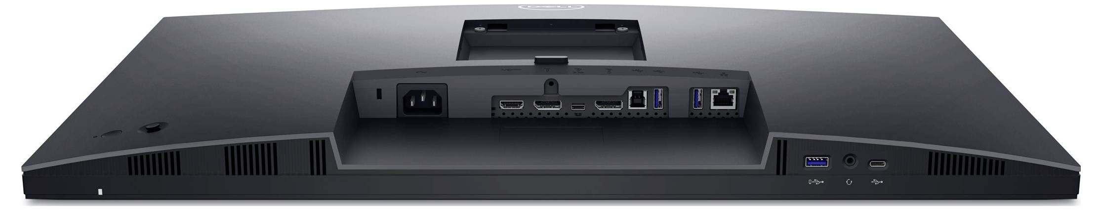 Tylna strona monitora komputerowego z różnymi złączami: HDMI, DisplayPort, USB, złącze sieciowe i zasilające.