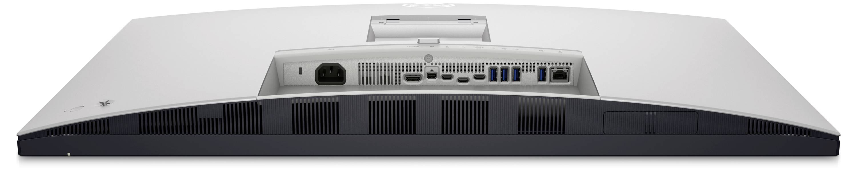 Widok z tyłu monitora komputerowego z gniazdami zasilania, USB, HDMI i Ethernet.