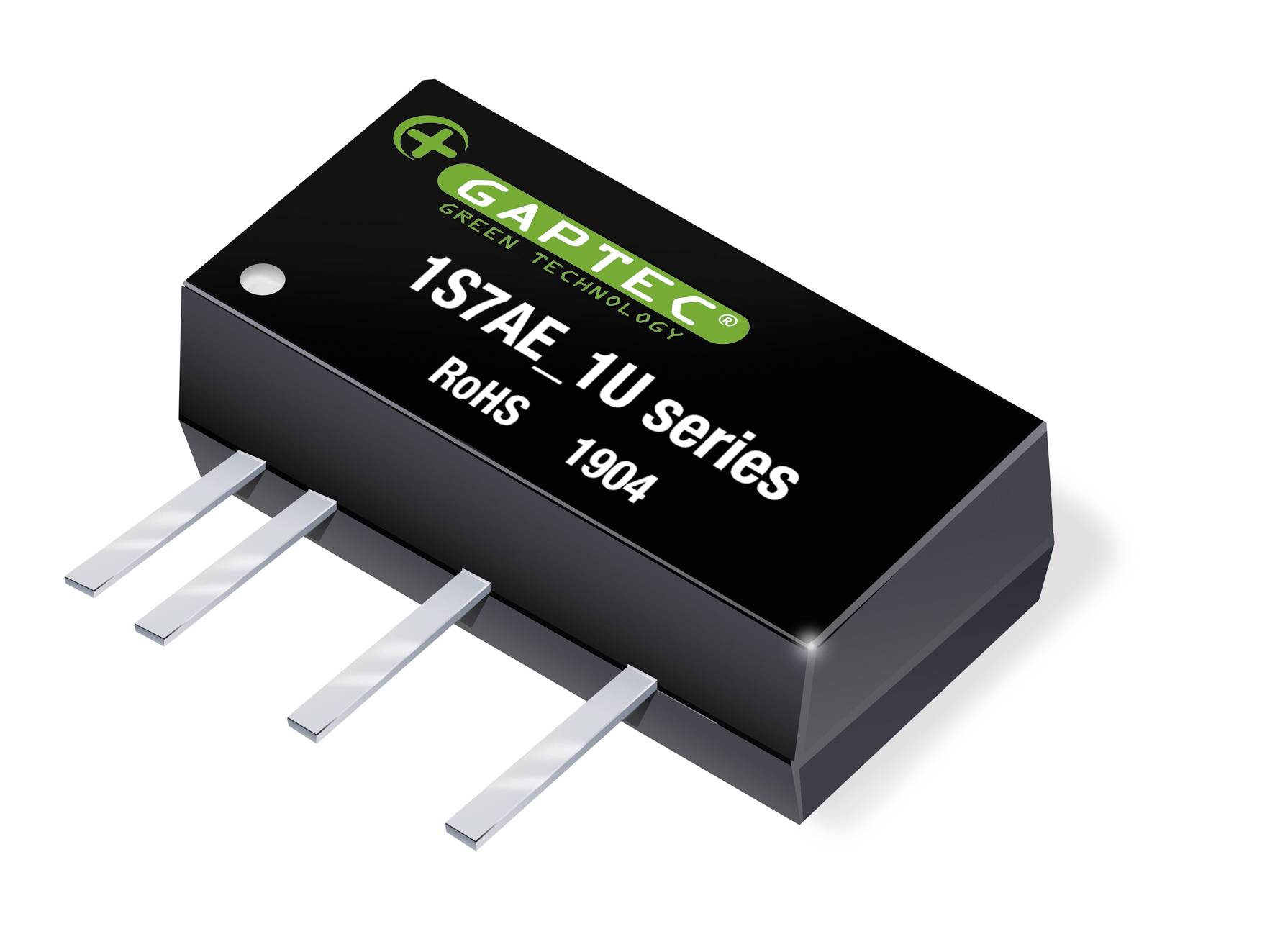 Mały elektroniczny element w kształcie prostokąta z czterema srebrnymi stykami, oznaczony napisami '1S7AE-1U series' oraz 'ROHS 1904'.