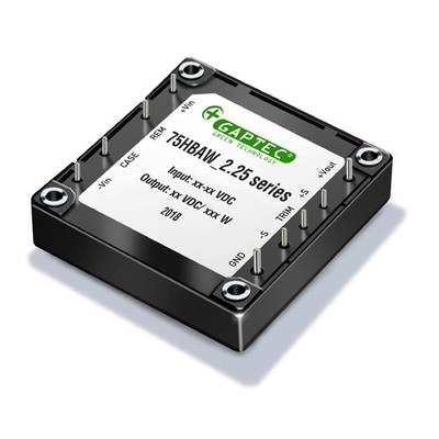 Czarny elektroniczny konwerter z napisem 'GAPTEC 75HBAW 2.25 series'. Dane dotyczące wejścia, wyjścia i roku 2018.