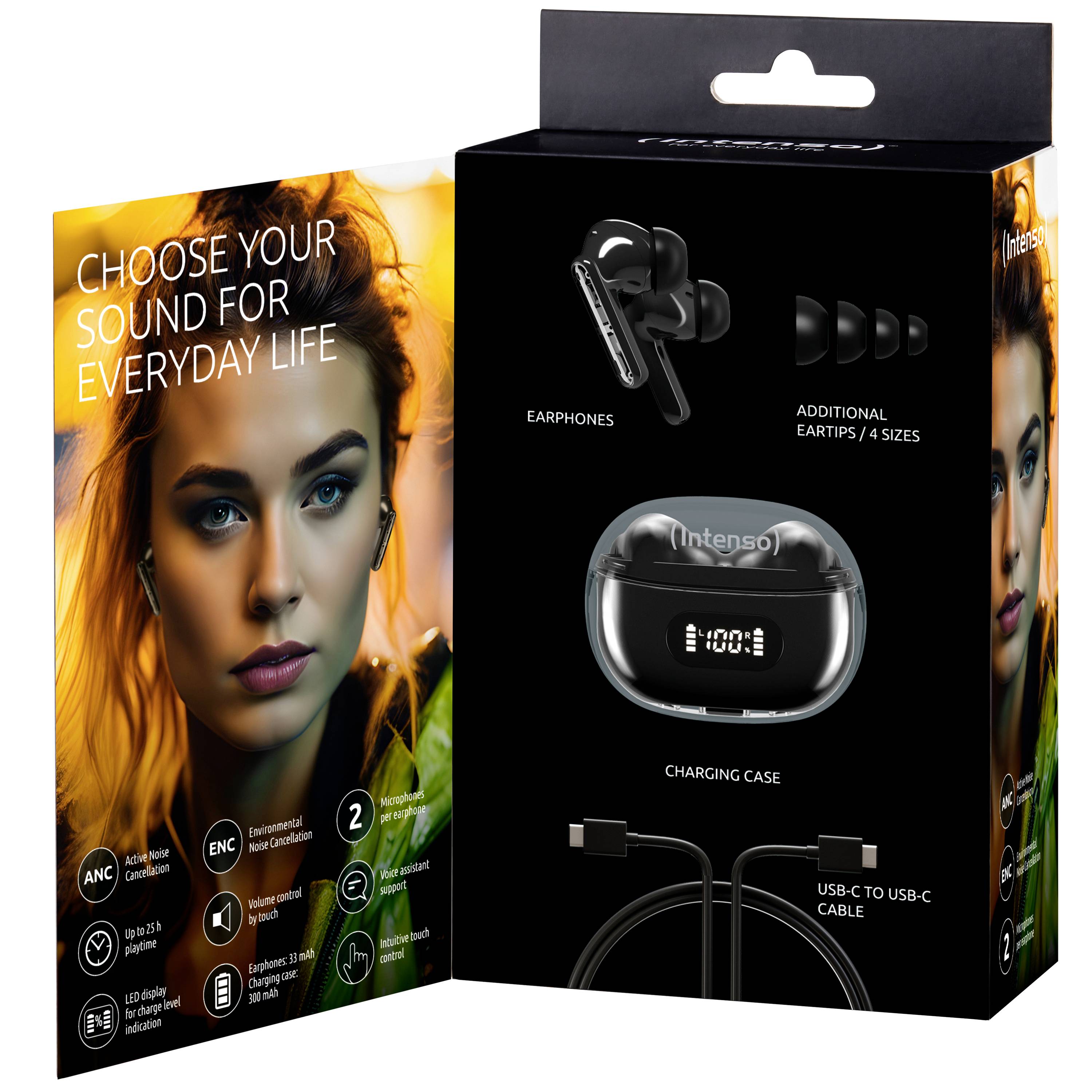 Opakowanie słuchawek Intenso. Zawiera zdjęcia słuchawek, stację ładowania, cztery rozmiary wkładek dousznych oraz kabel USB-C.