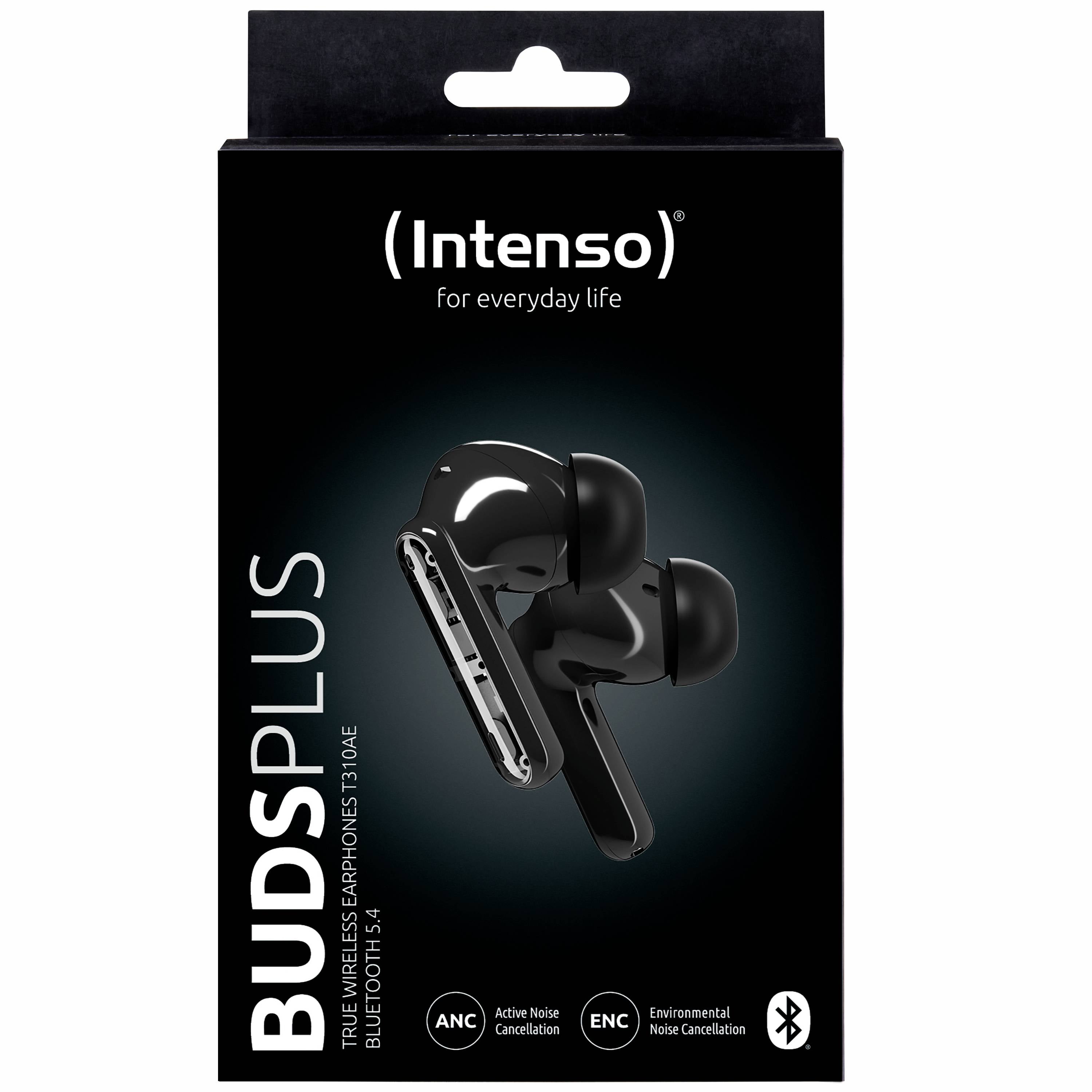 Czarne słuchawki True Wireless przedstawione na czarnym kartonie. Marka 'Intenso', model 'Buds Plus', z funkcjami takimi jak ANC i tłumienie dźwięków otoczenia.
