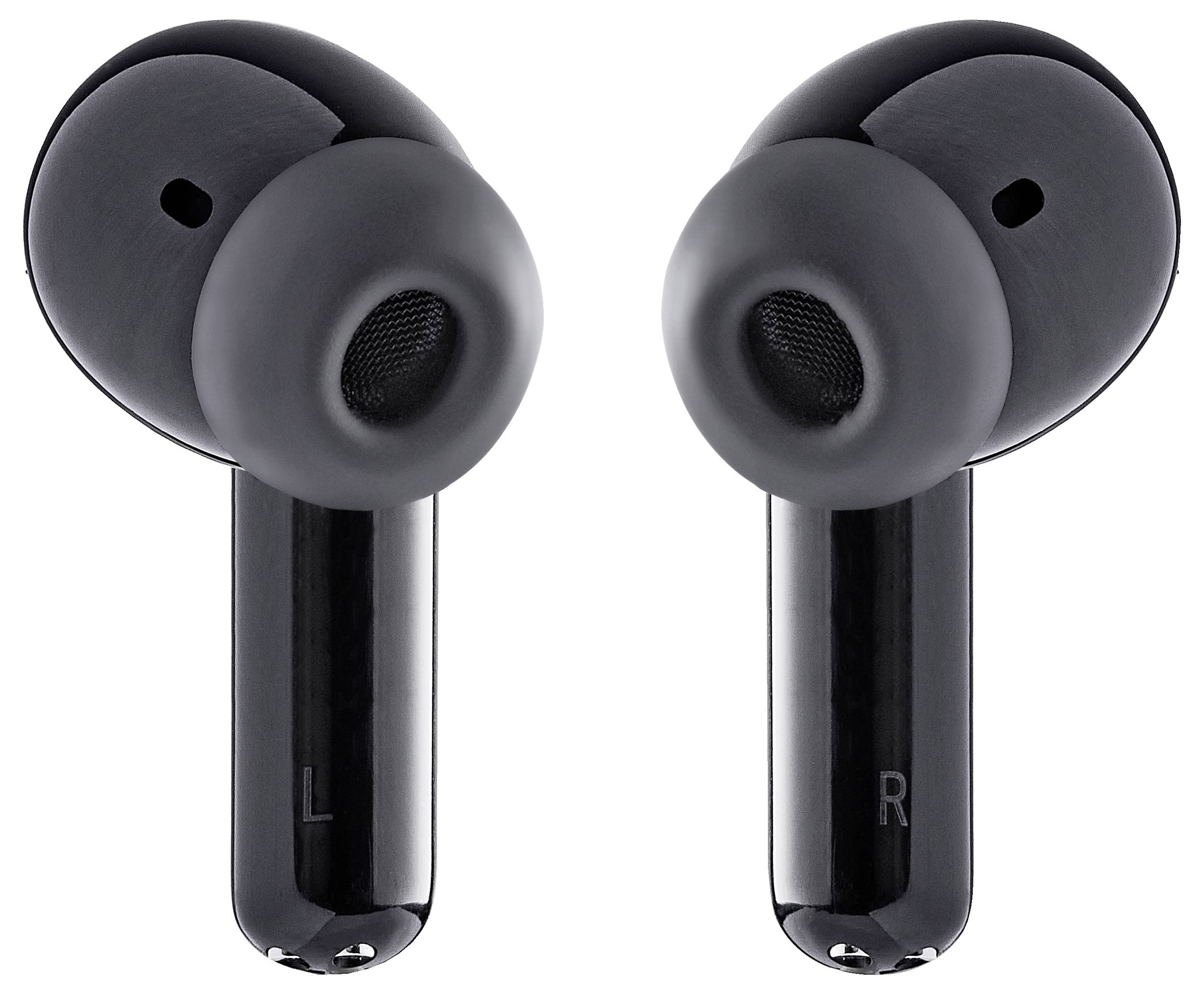 Czarne bezprzewodowe słuchawki douszne z oznaczeniami L i R do rozróżnienia lewego i prawego słuchawki.