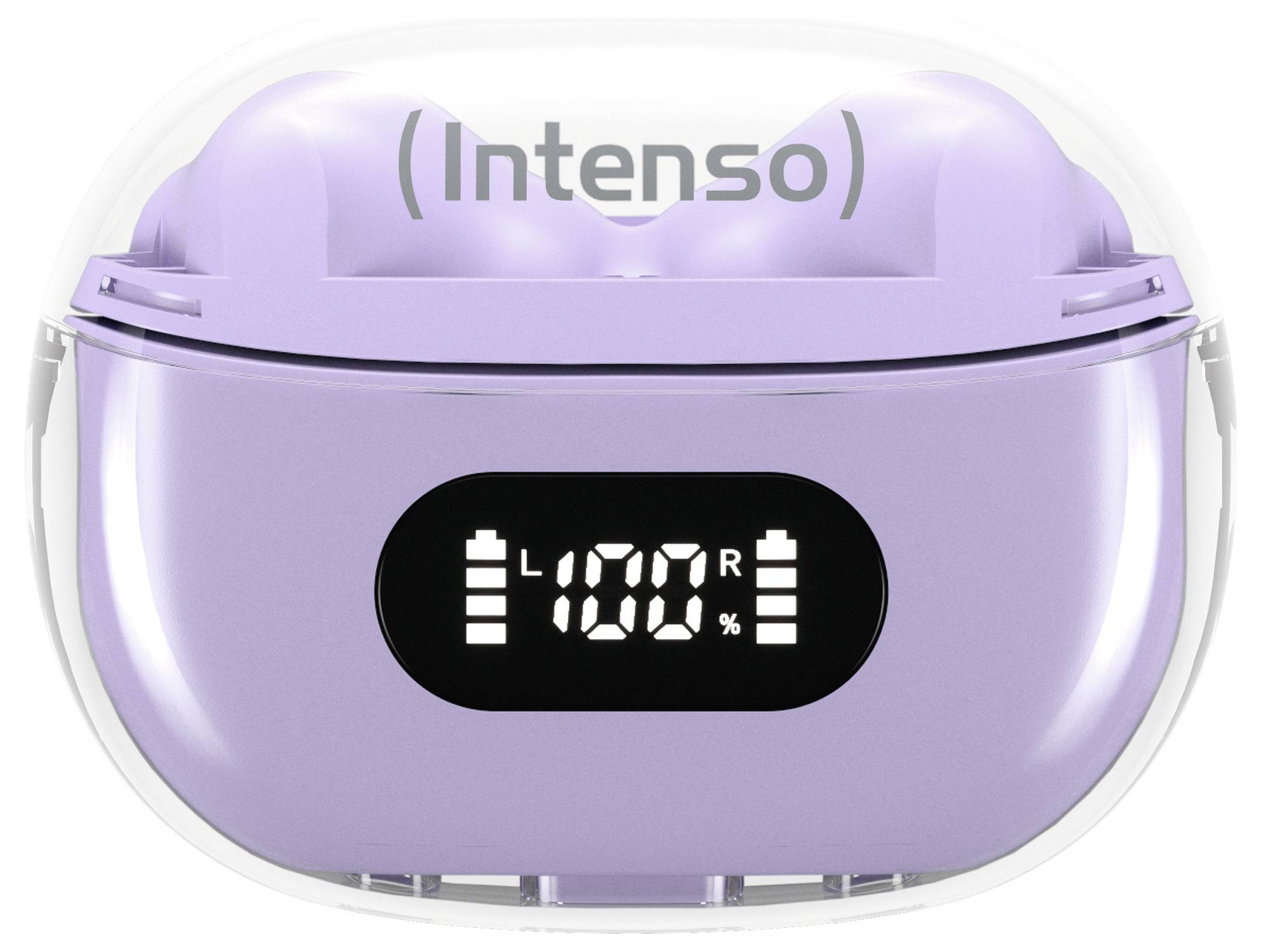 Ładowarka Lila z wyświetlaczem pokazuje stan baterii słuchawek 'L 100%' i 'R 100%'.