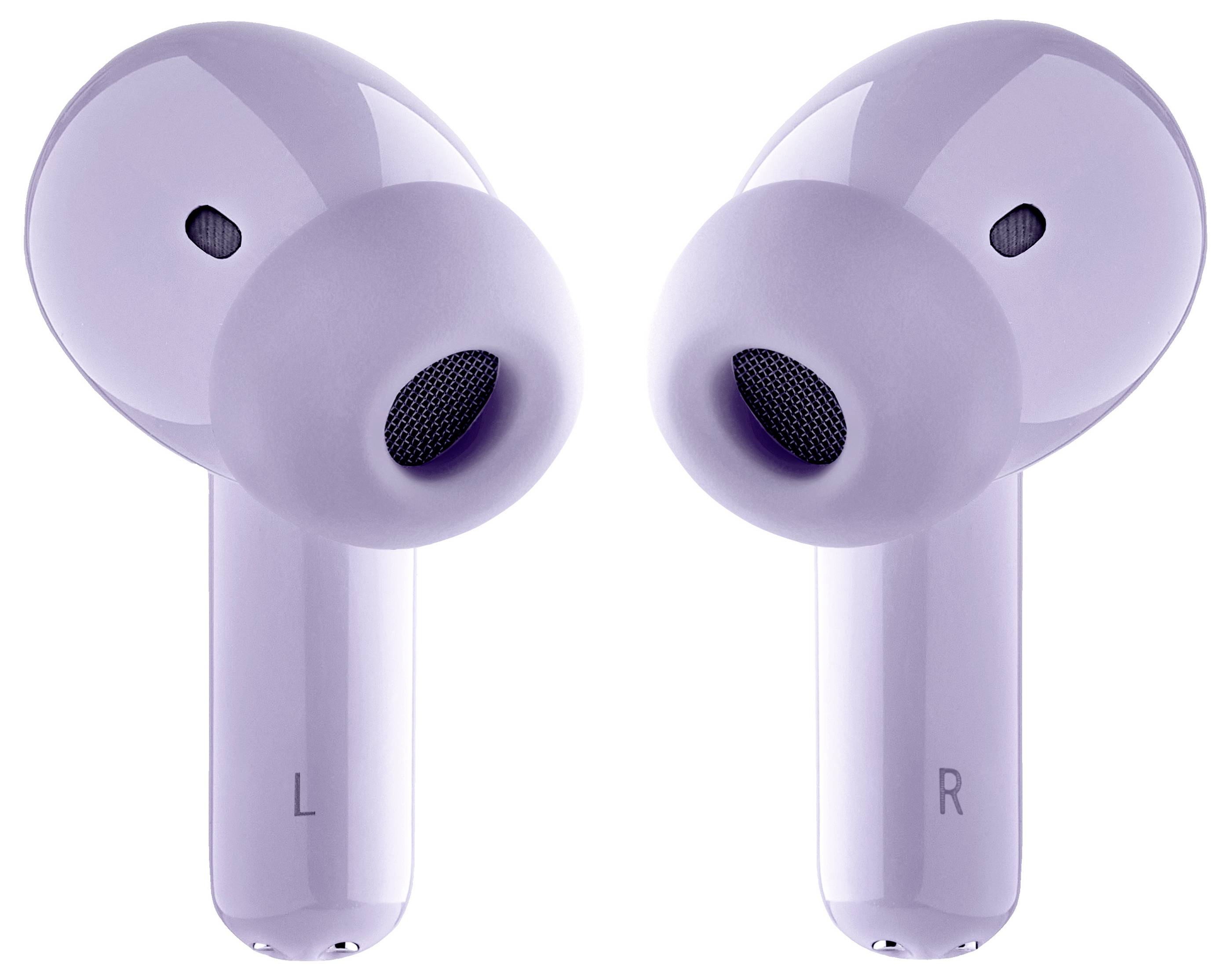 Fioletowe bezprzewodowe słuchawki douszne, oznaczone lewą i prawą stroną, z błyszczącą powierzchnią i ergonomicznym designem.
