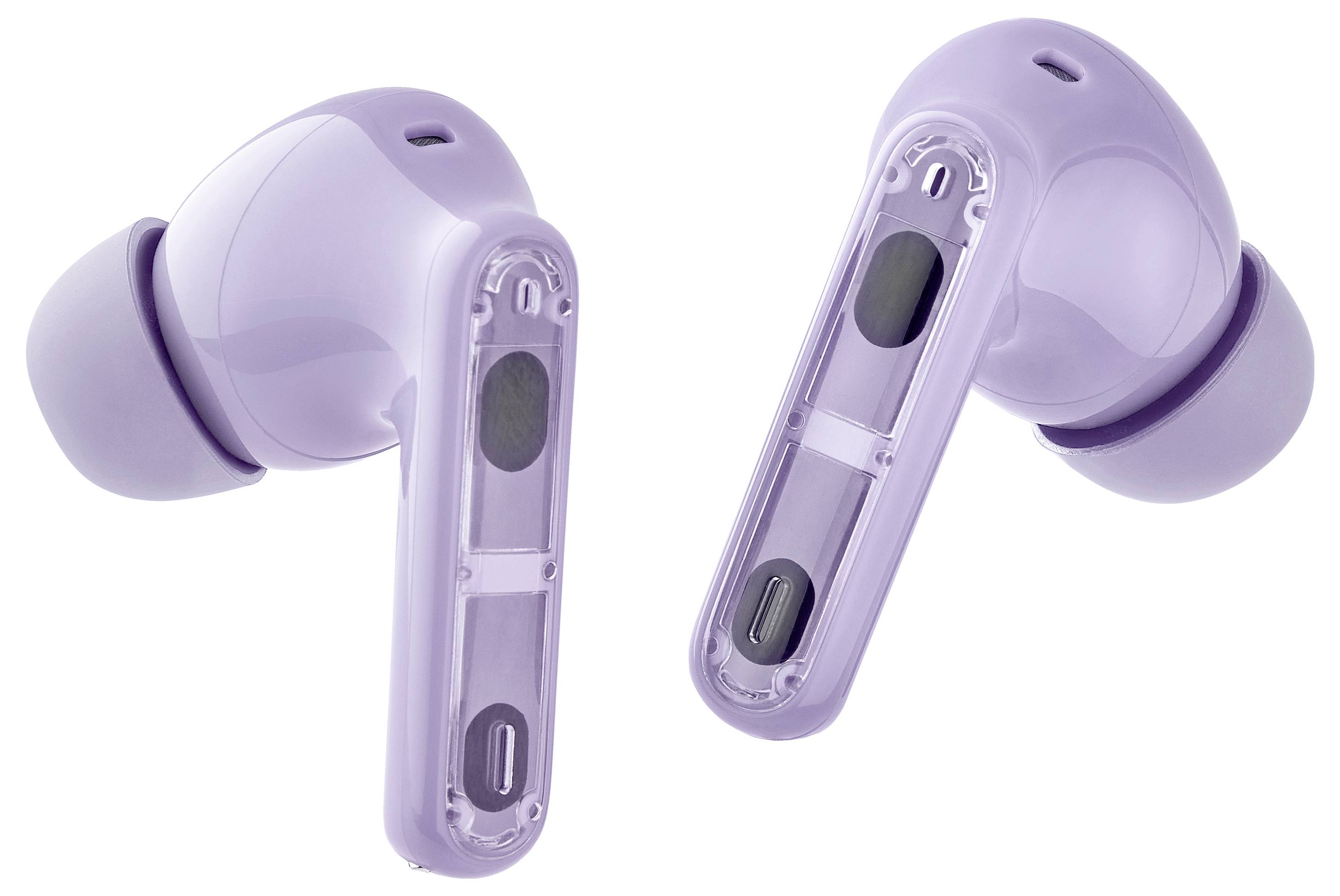 Fioletowe bezprzewodowe słuchawki douszne, lekko transparentny design, nowoczesna technologia i ergonomiczny kształt.