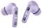 Fioletowe bezprzewodowe słuchawki douszne, lekko transparentny design, nowoczesna technologia i ergonomiczny kształt.